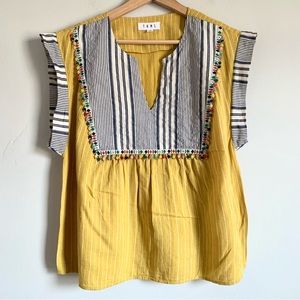 THML Yellow Beaded Stripes Boho Casual Top